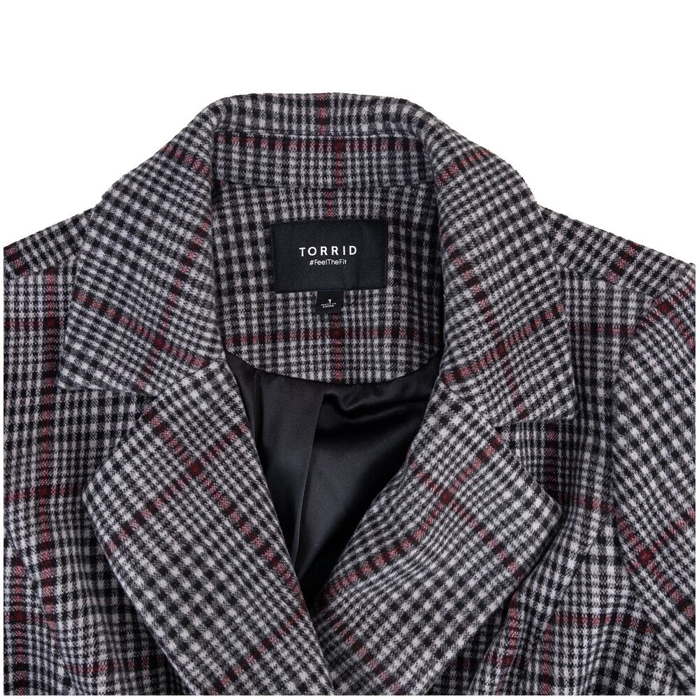 Torrid Plaid Softest Coat Tie Front Women Sz 1 1X 14/16 Gray Red Preppy Classic - Picture 8 of 14